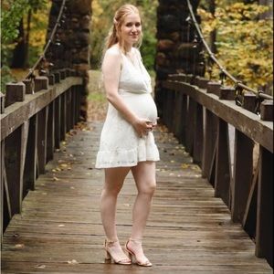 White Lacey Spaghetti Strap Deep V Dress - Short